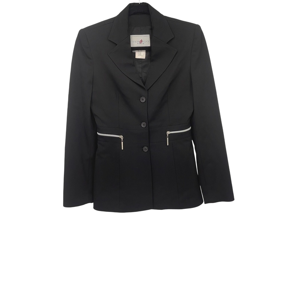 Vertigo Paris Black Blazer‎ Jacket Silver Zipper Detail Small S Elegant